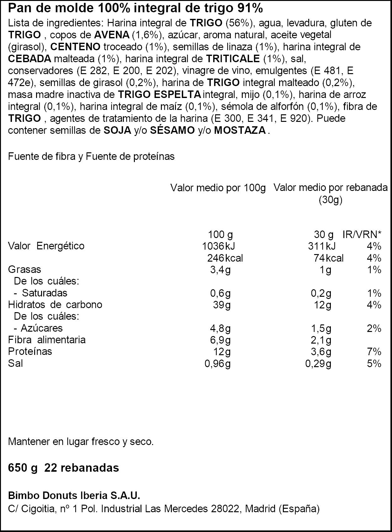 Pan de molde cereales silueta Bimbo 650g