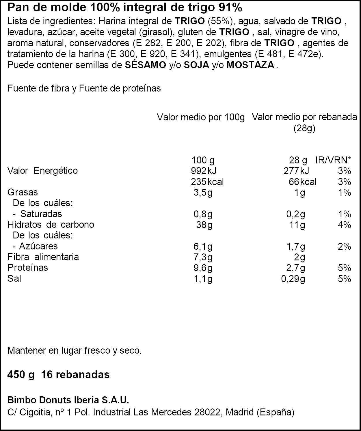 Pan de molde 100% integral Bimbo 460g