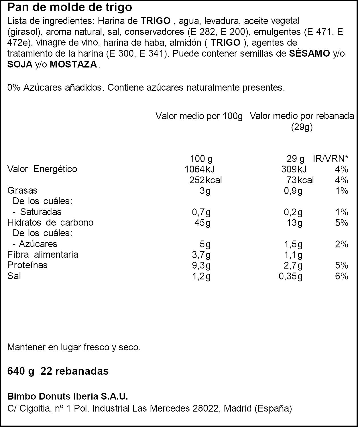Pan de molde blanco Bimbo 640g
