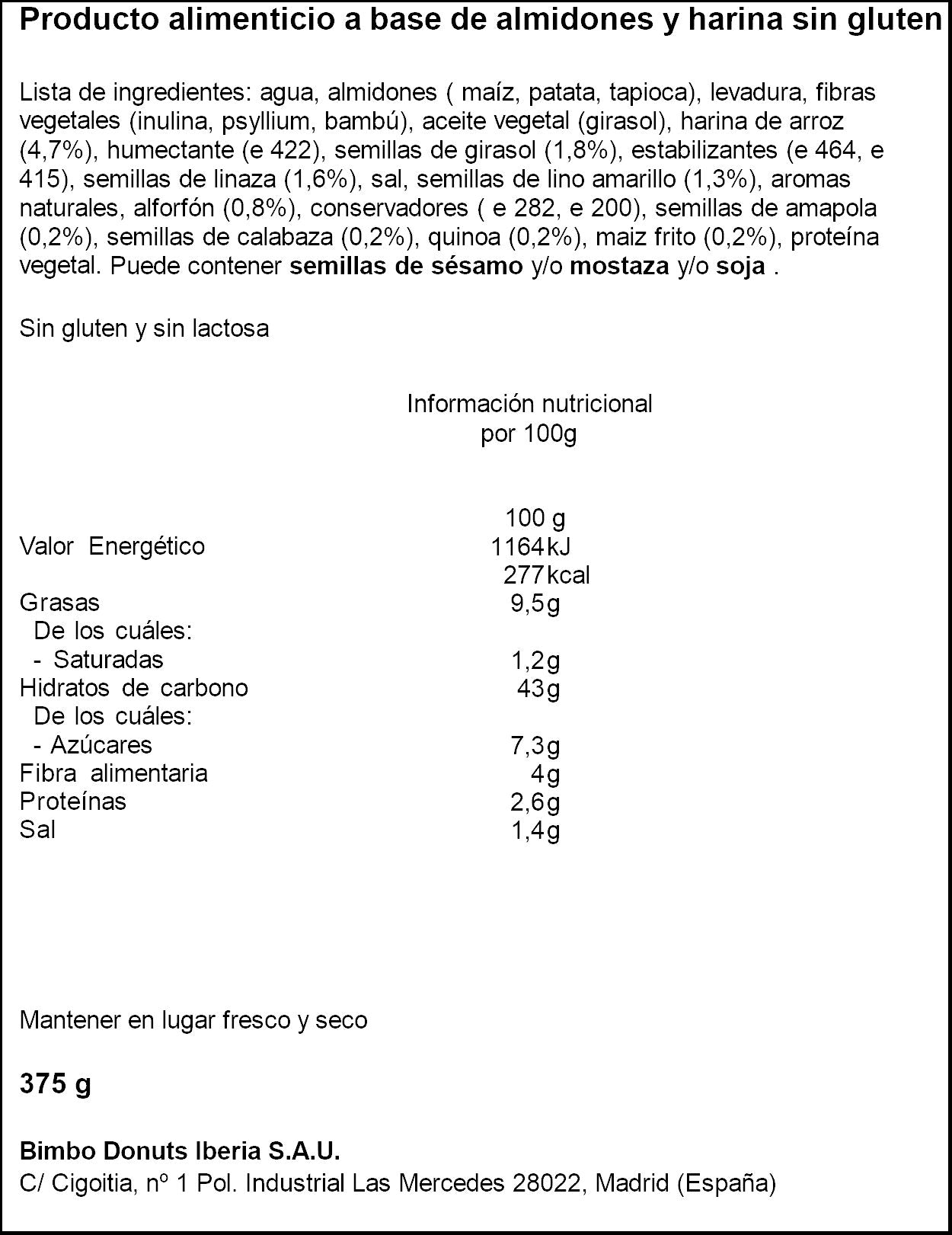 Pan de molde semillas s/glut s/lact Bimbo 375g
