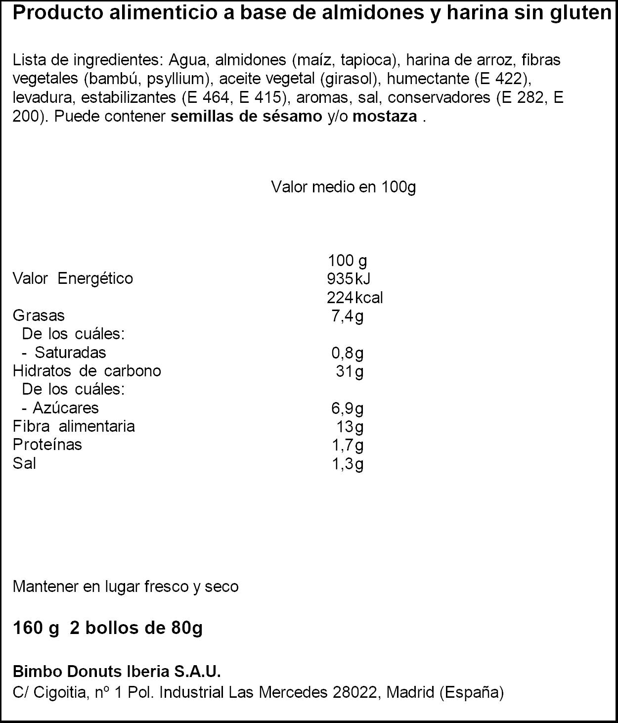 Pan hamburguesa rutico s/gluten Bimbo 160g