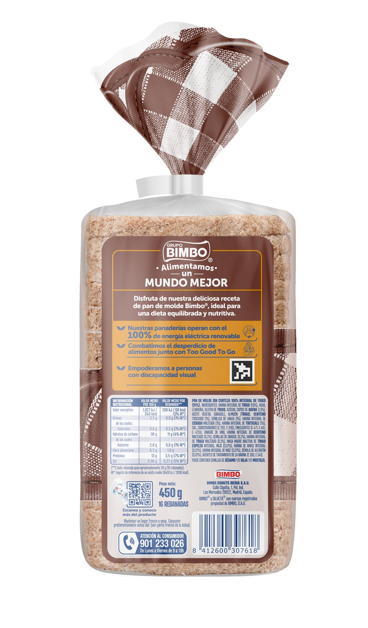 Pan de molde cereales s/corteza Silueta bimbo 450g