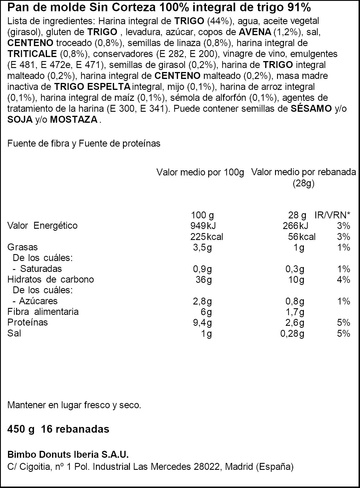 Pan de molde cereales s/corteza Silueta bimbo 450g