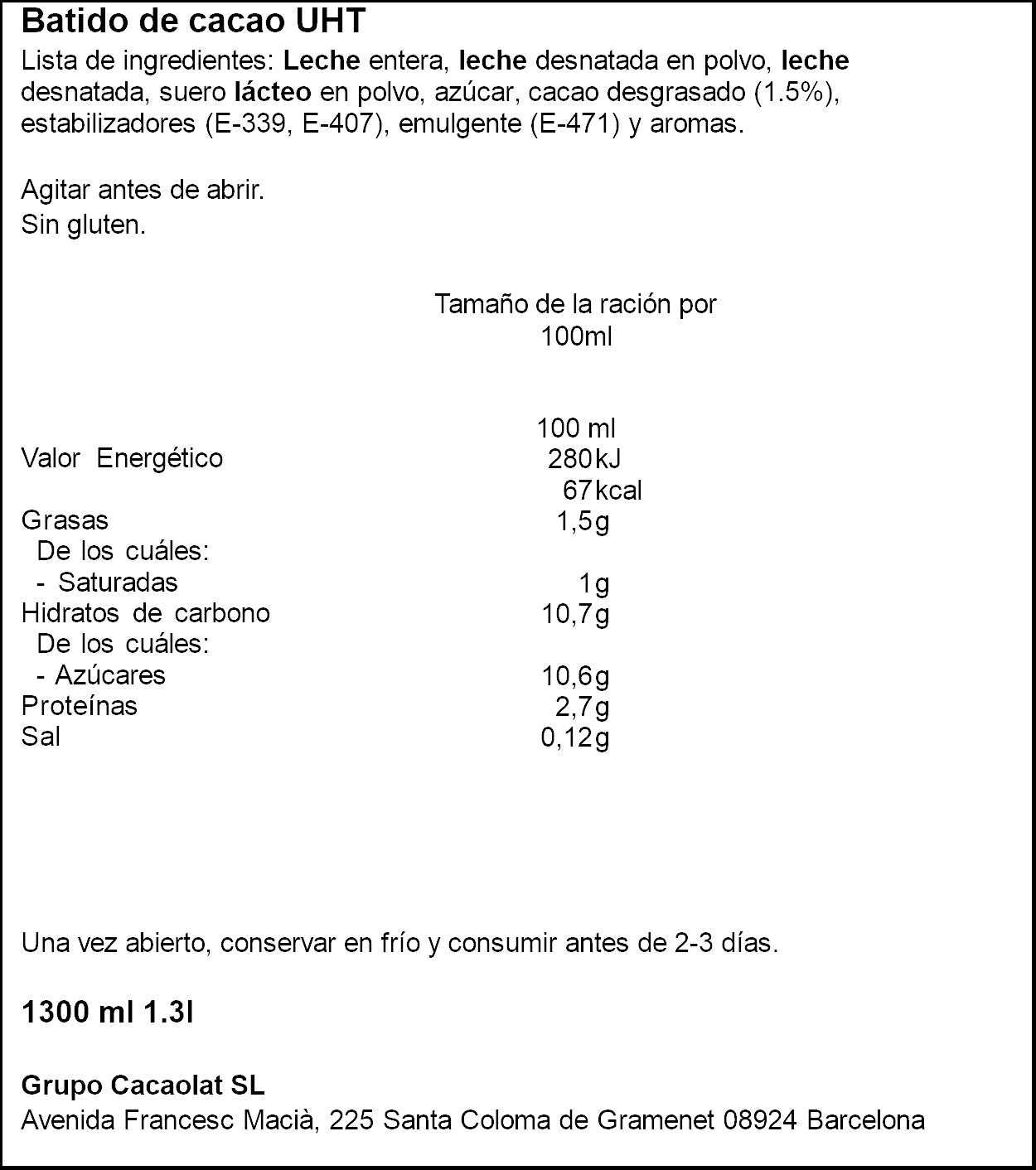Batido cacao Cacaolat 1l