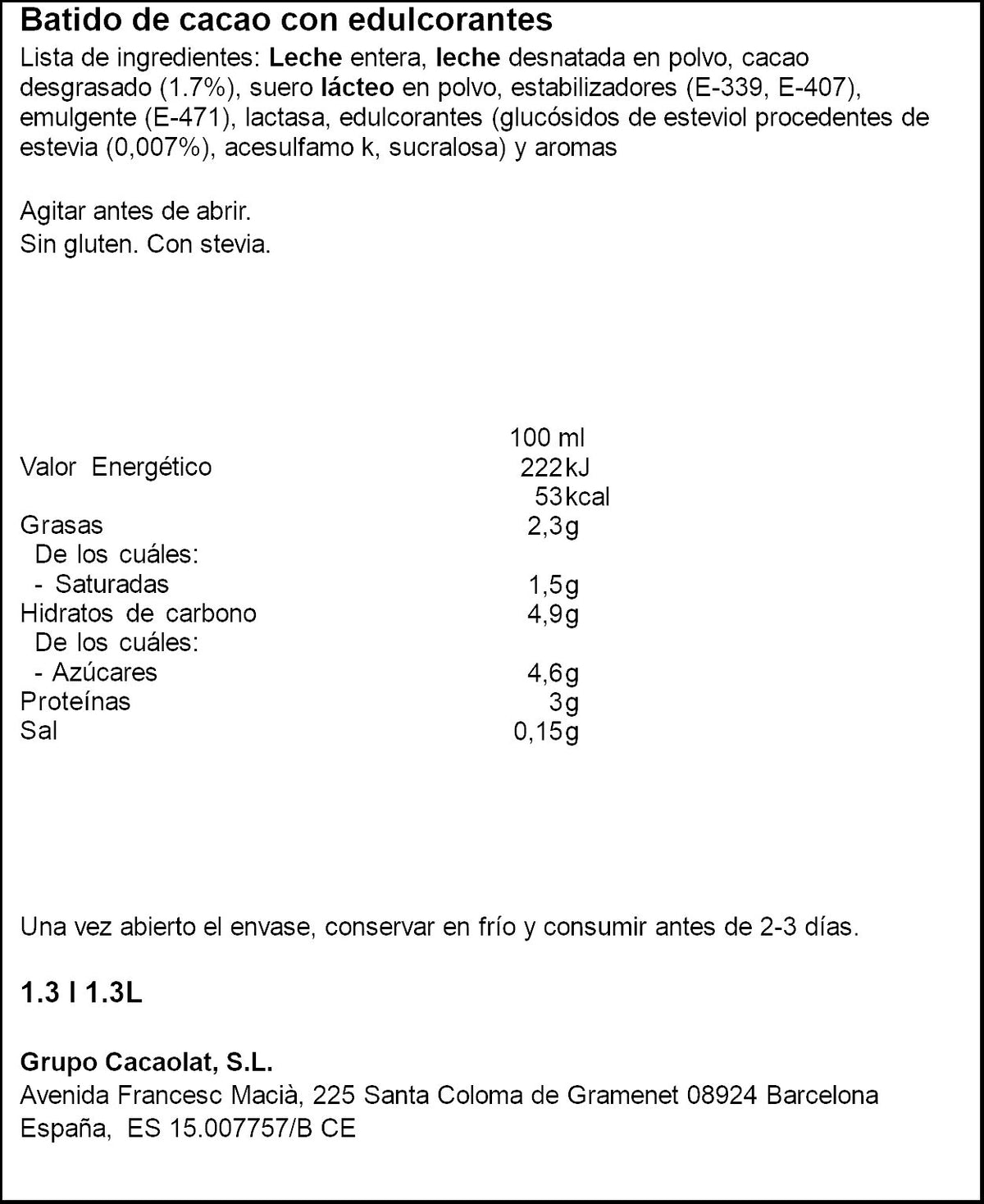 Batido cacao 0% Cacaolat 1l