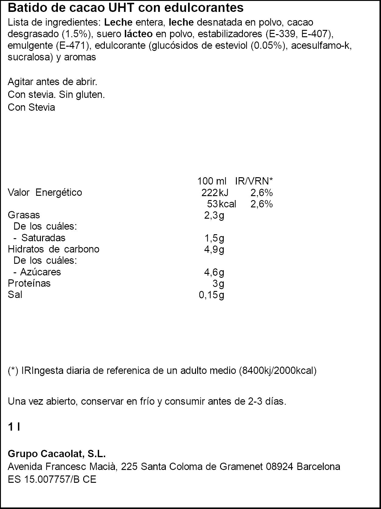 Batido cacao 0% Cacaolat 1l