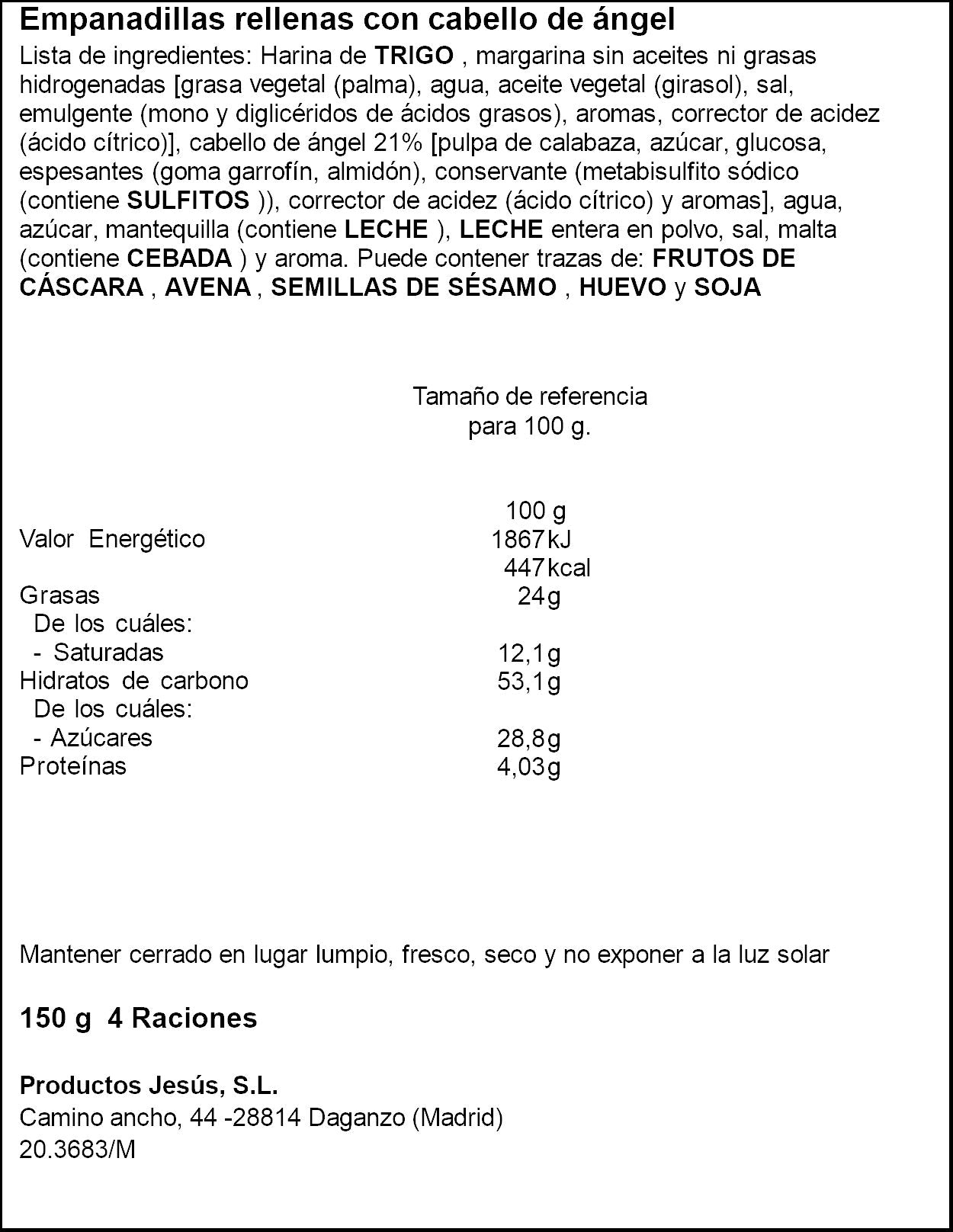 Empanadilla cabello de angel Pastelería Jesús 150g