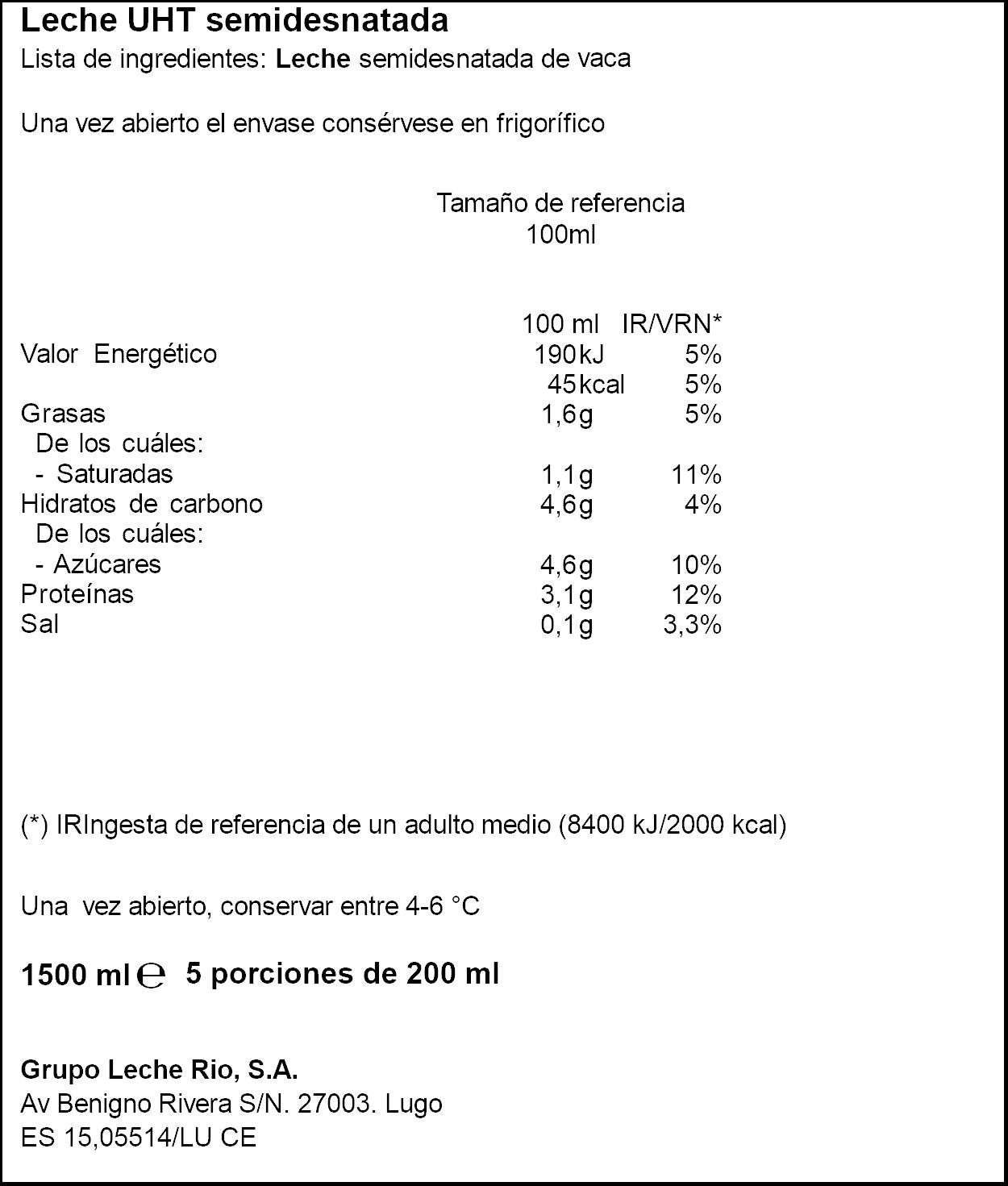 Leche semidesnatada botella Rio 1.5l