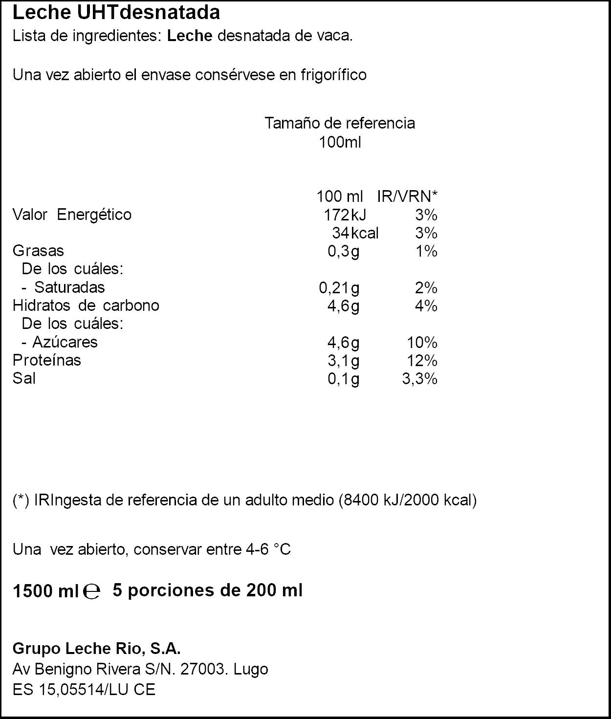 Leche desnatada botella Rio 1.5l