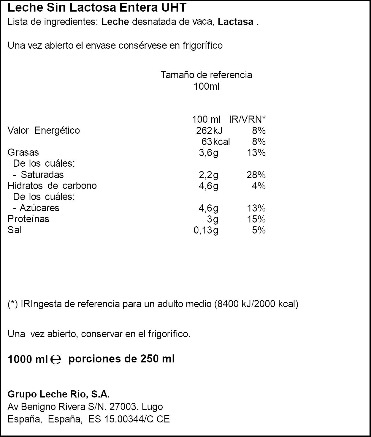 Leche entera s/lactosa Rio 1l