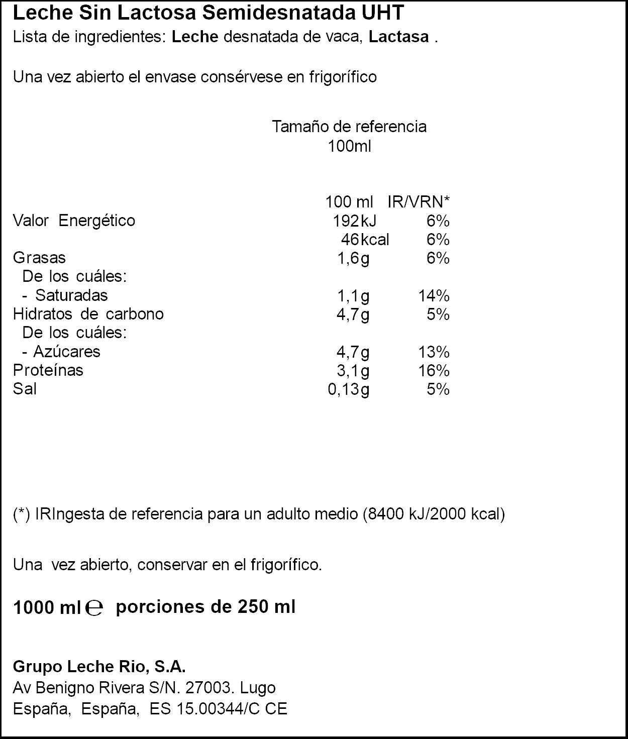 Leche semidesnatada s/lactosa Rio 1l