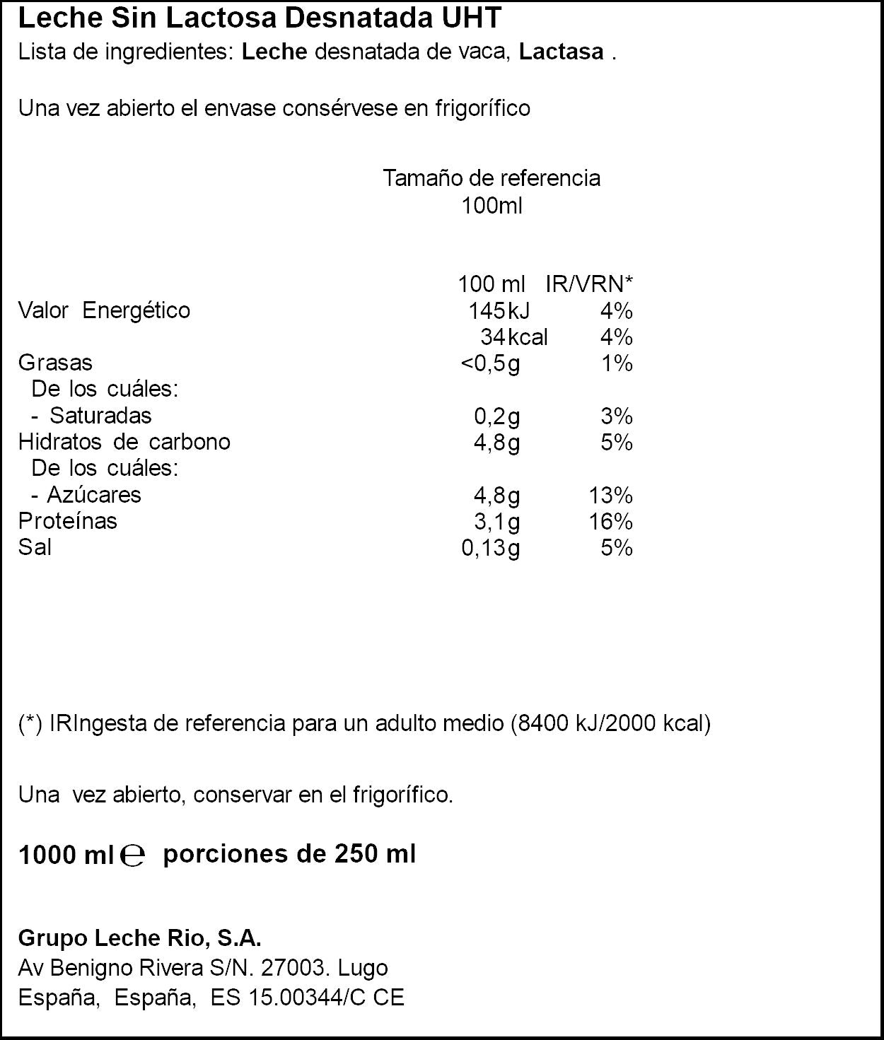 Leche desnatada sin lactosa rio 1l