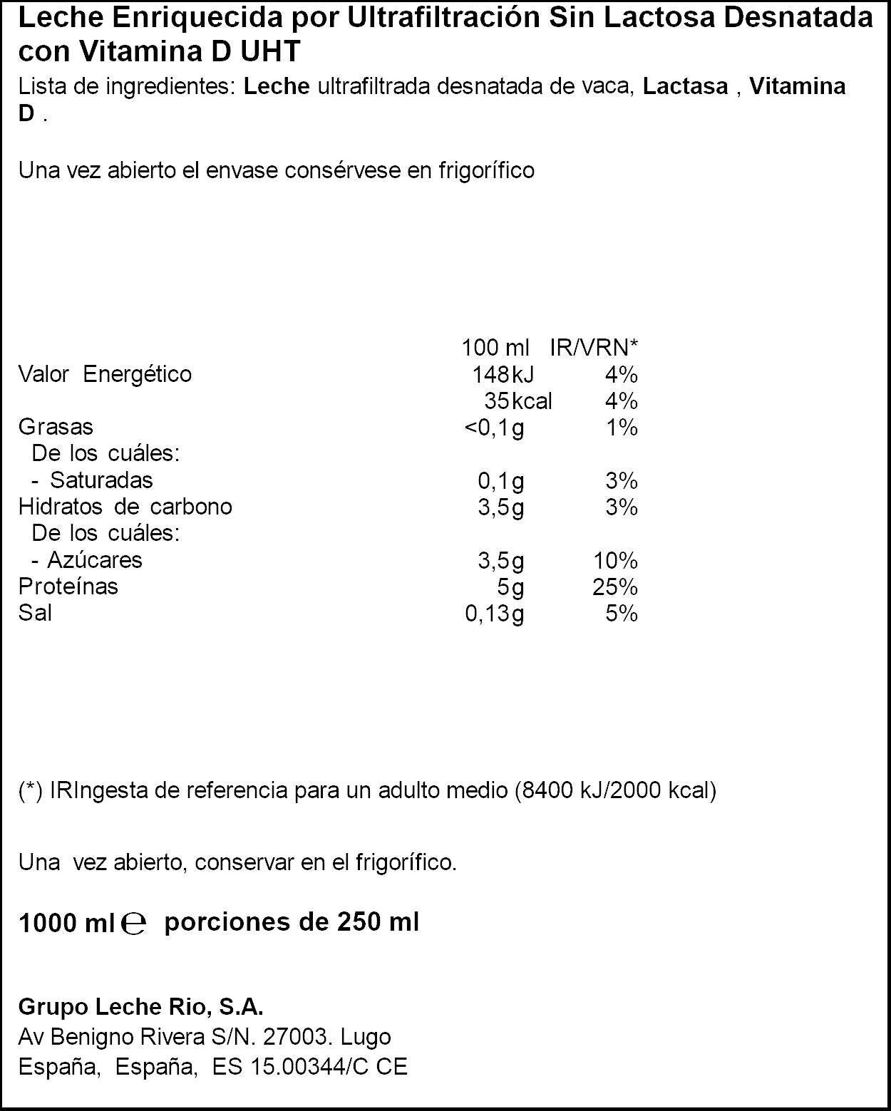 Leche desnatada proteinas Rio 1l