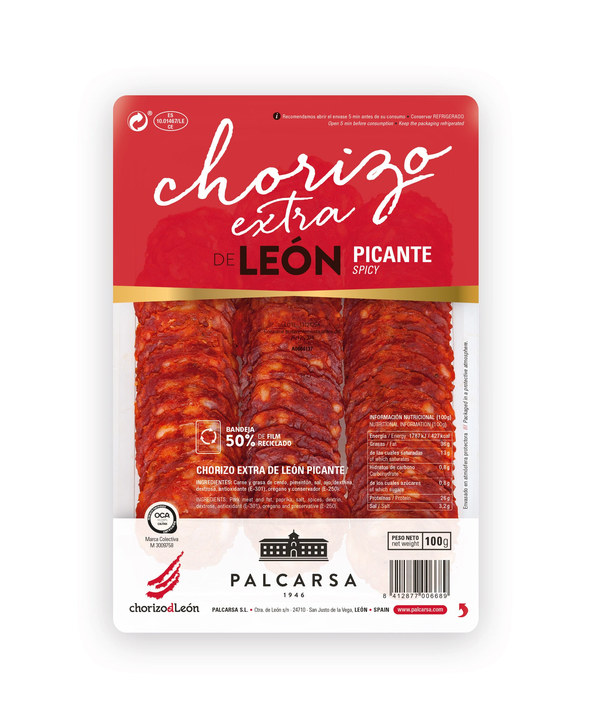Chorizo extra picante lonchas Palcarsa 100g