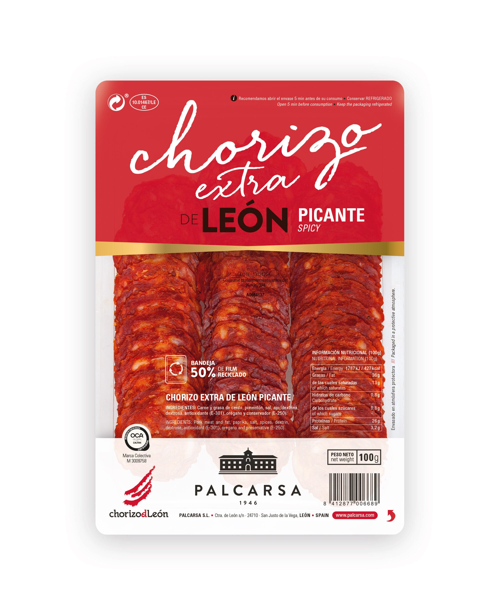 Chorizo extra picante lonchas Palcarsa 100g