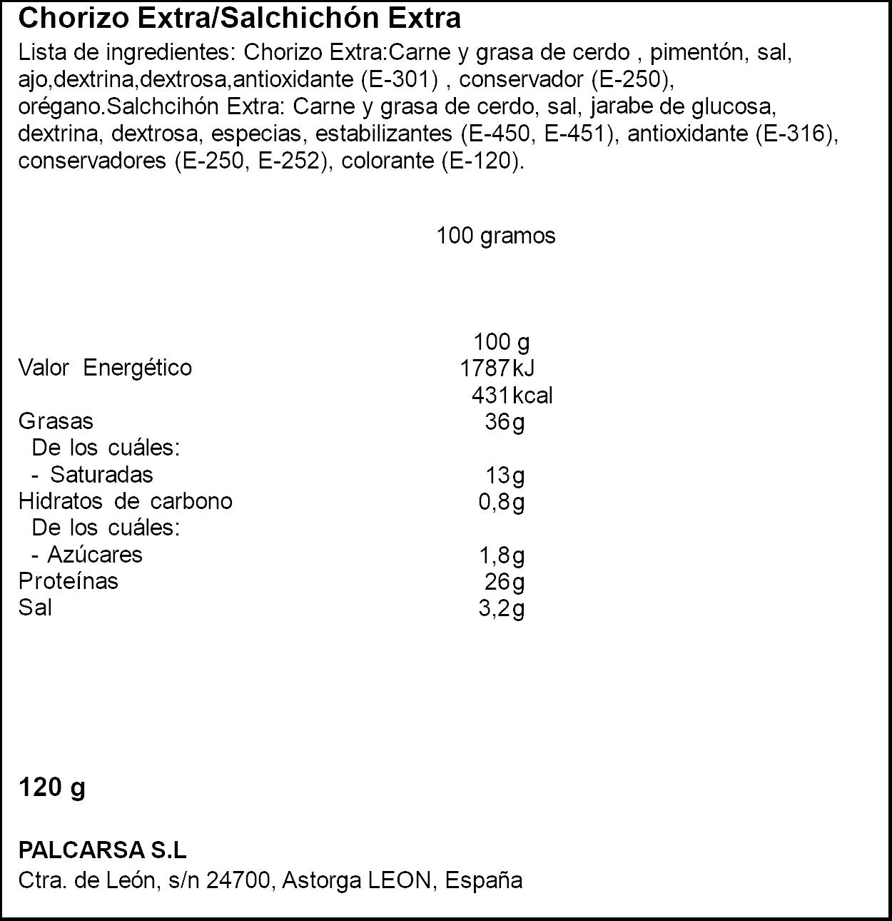 Chorizo/salchichon leon extra Palcarsa p4 30g/u