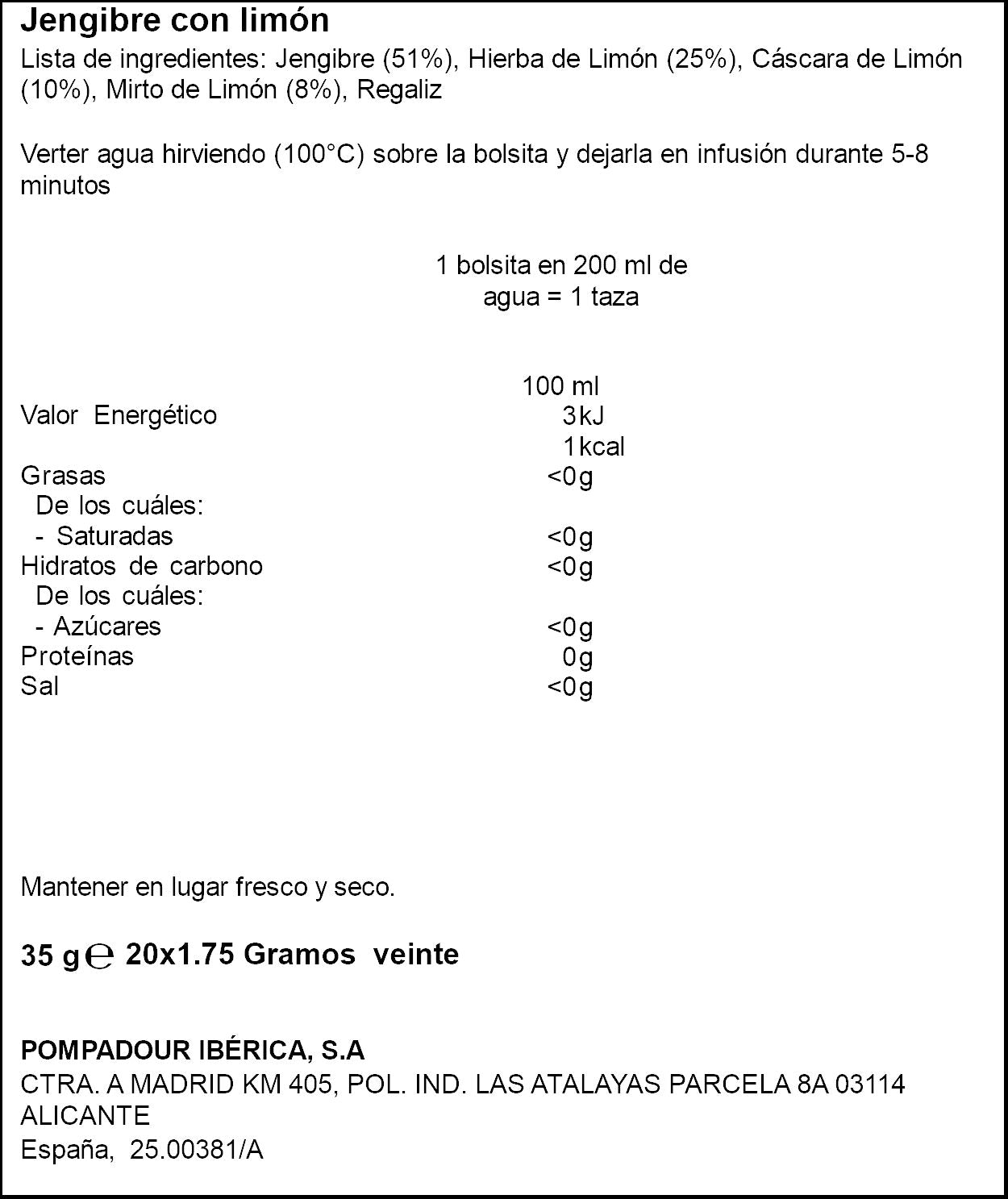 Infusión jengibre c/limón Pompadour p20