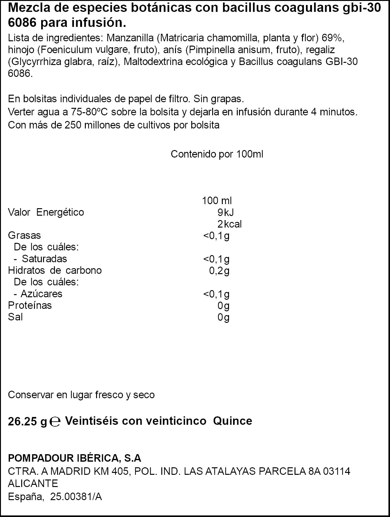 Infusion probioticos y manzanilla Pompadour 15u