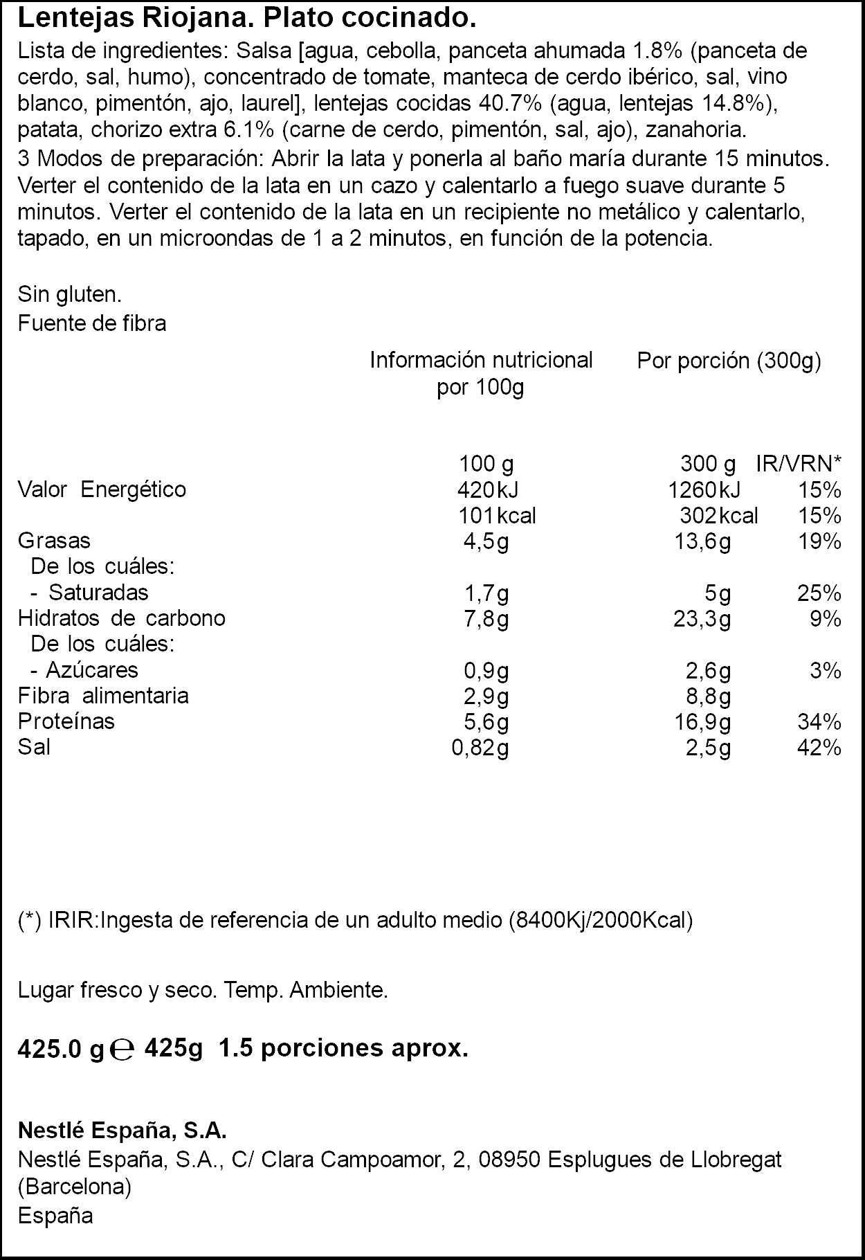 Lenteja riojana lata Litoral 425g