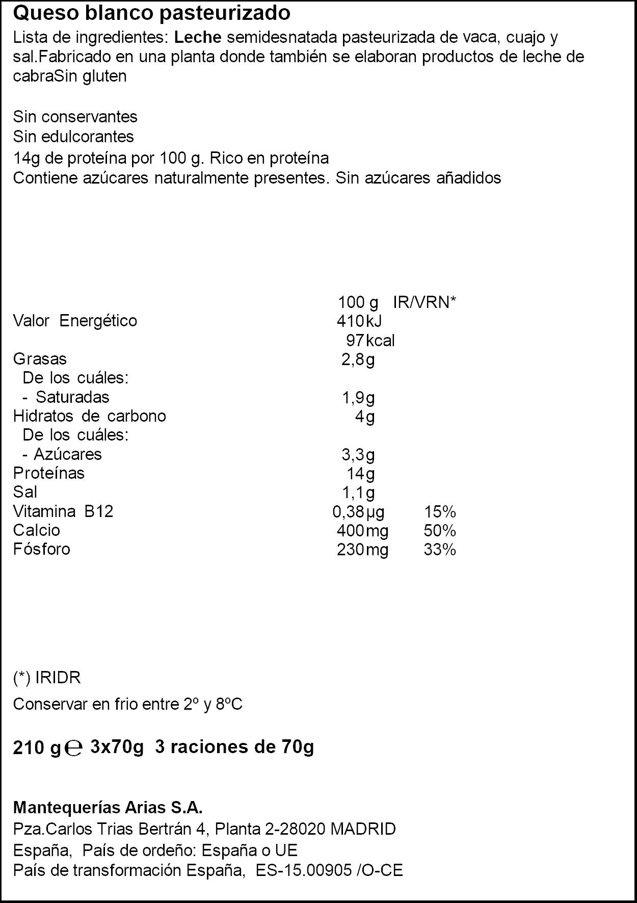 Queso fresco natural protein plus Burgo de arias p3 70g/u