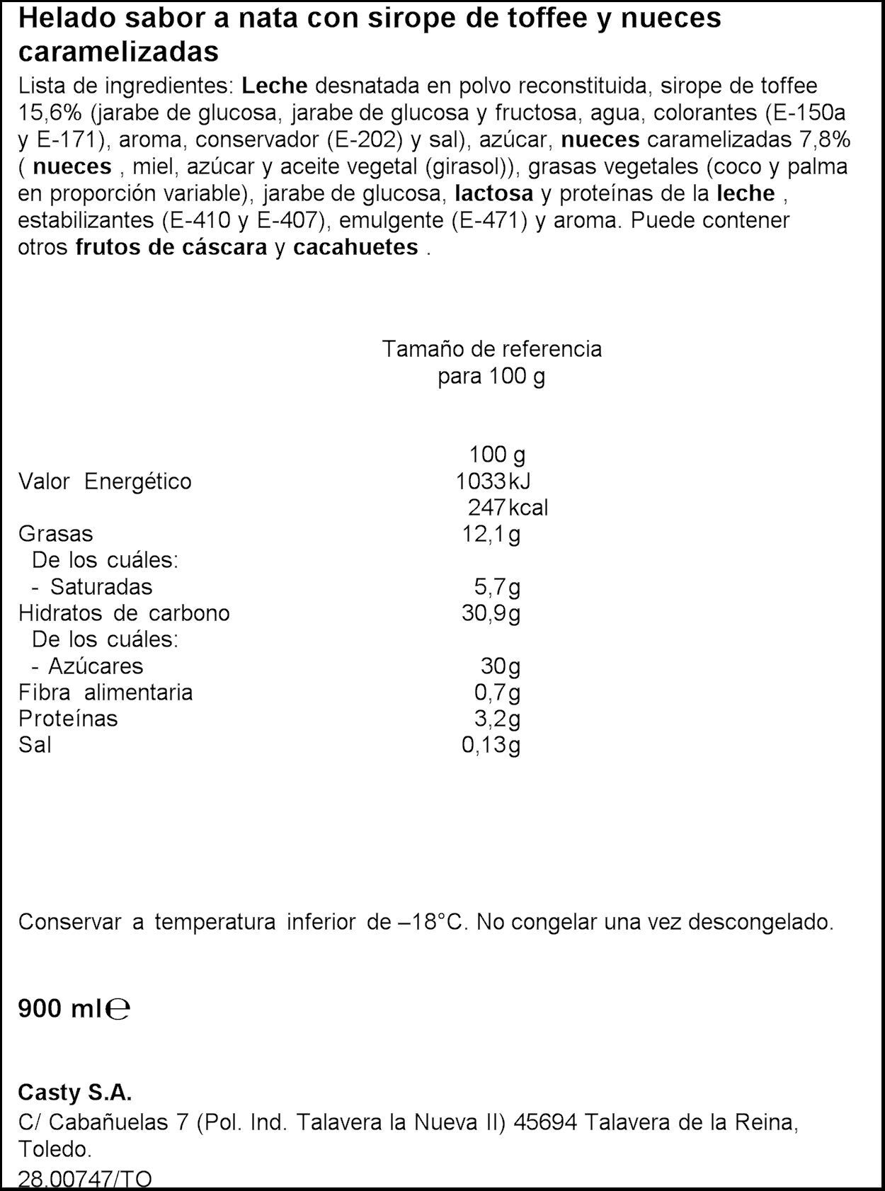 Helado tarrina nata c/nueces Casty 900ml