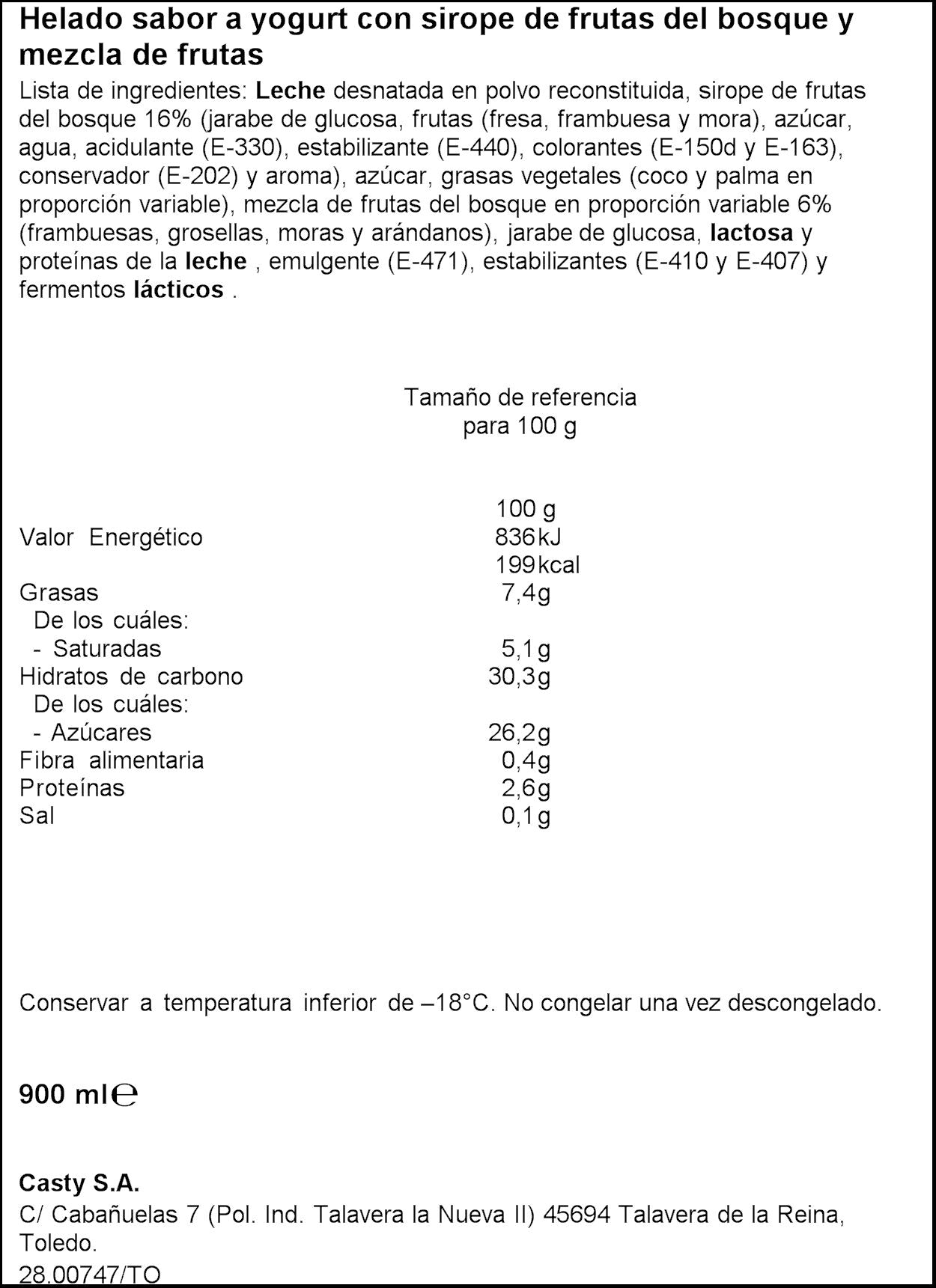 Helado tarrina yogur y frutas bosque Casty 900ml