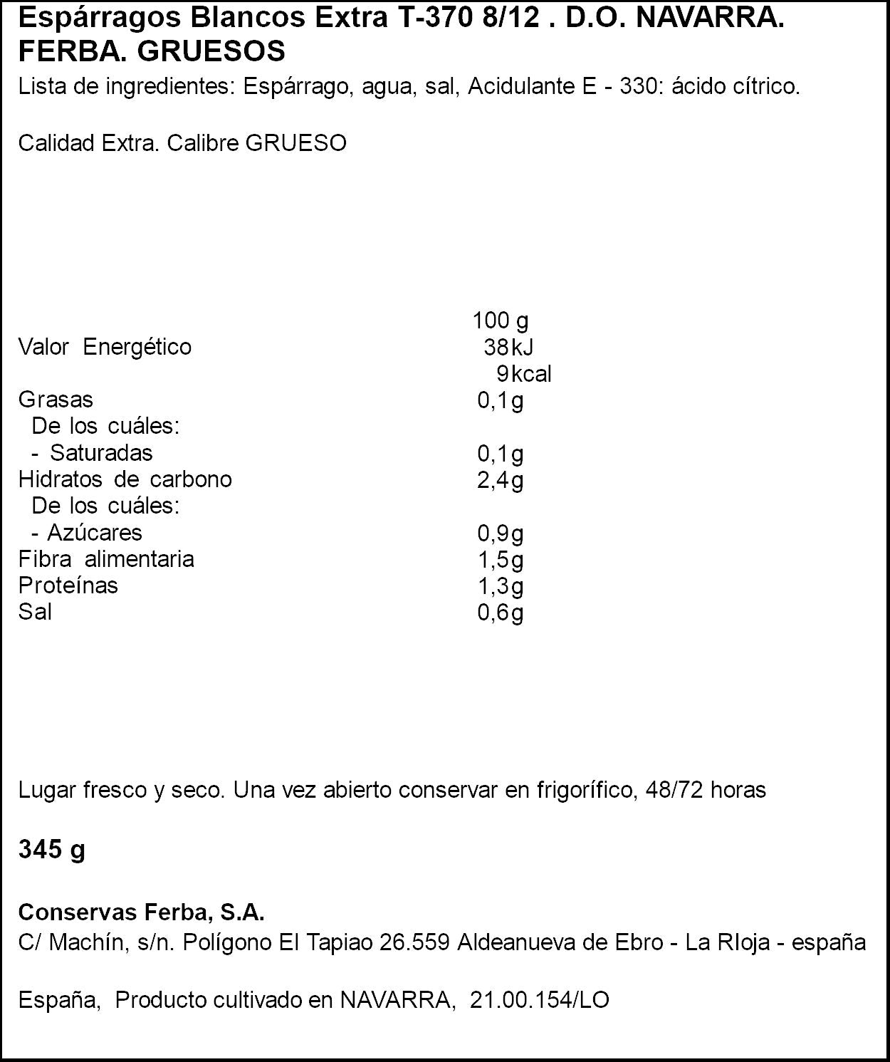 Espárrago blanco d.o navarra  t-370 8/12 Ferba 205g escurr