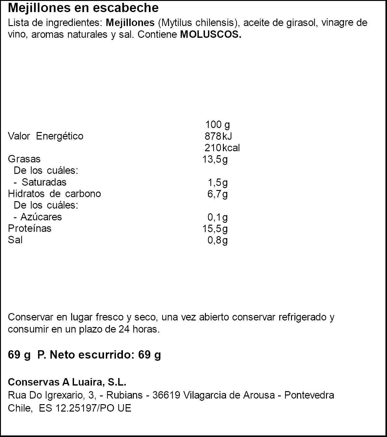 Mejillones escabeche 8/12 Grandes hoteles 69g escurr
