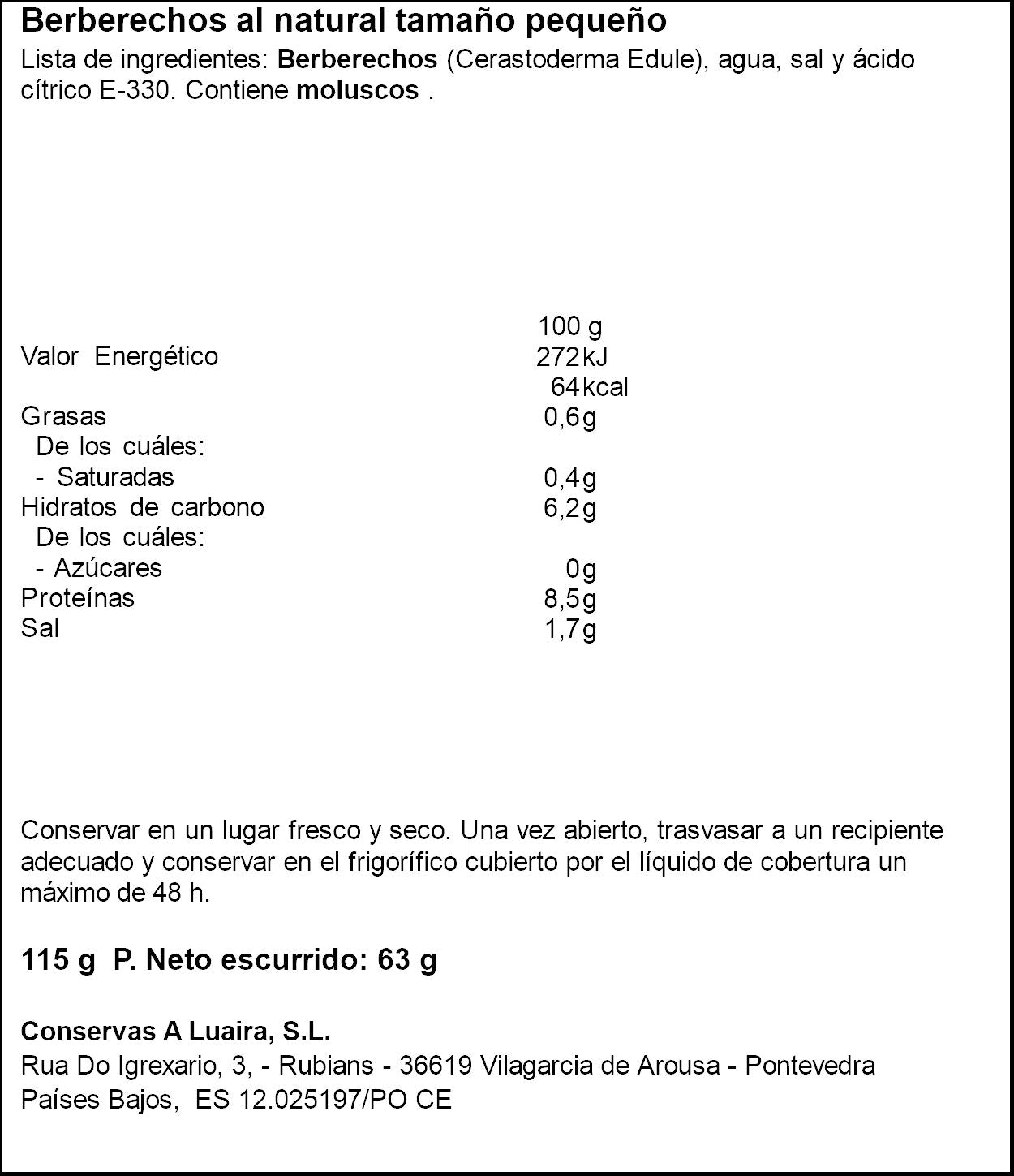 Berberecho natural pequeño 80/100 Grandes hoteles 63g escurr