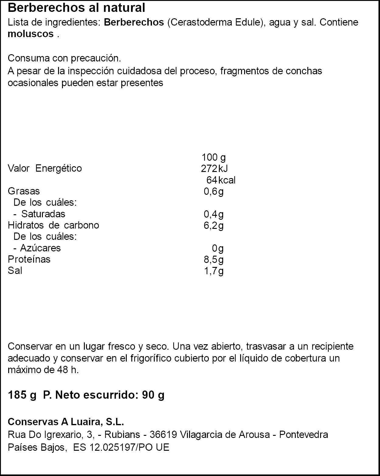 Berberecho natural ro-200 bote Grandes hoteles 90g escurr