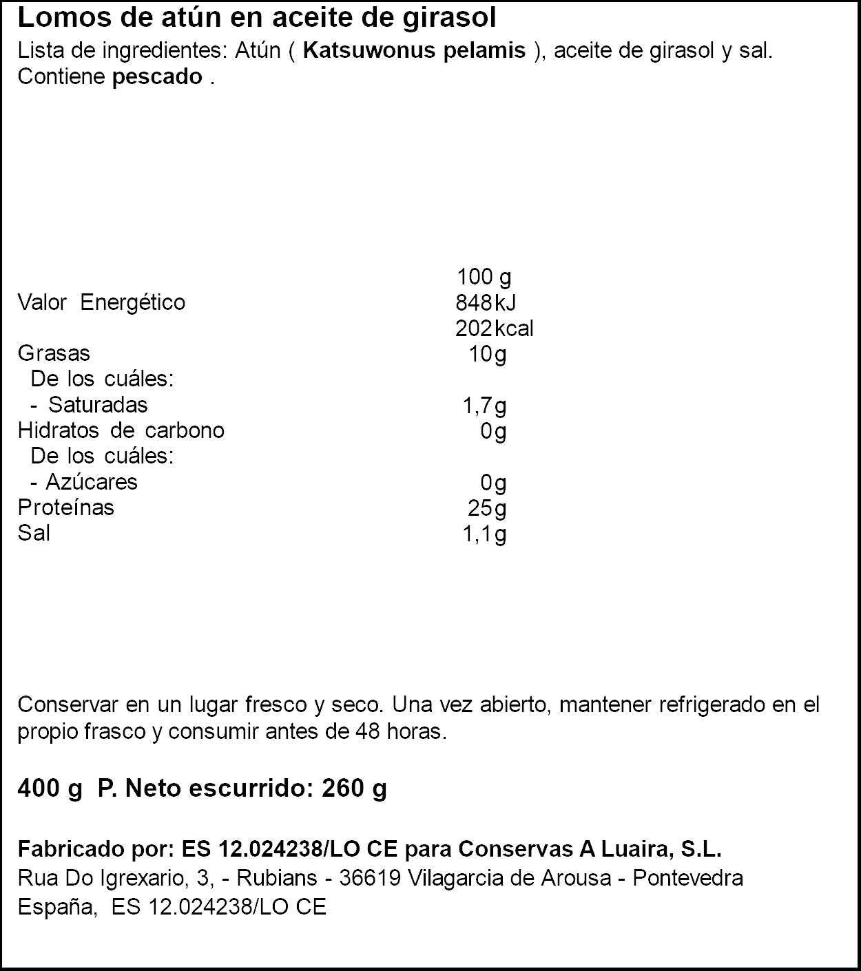 Lomos atun aceite girasol frasco Grandes hoteles 260g escurr