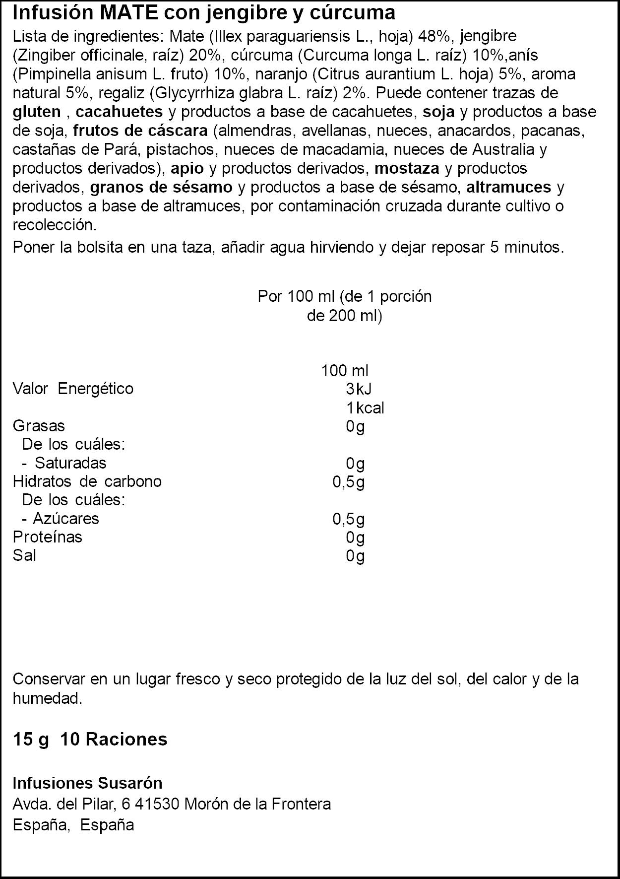 Mate jengibre y curcuma Susaron 15g