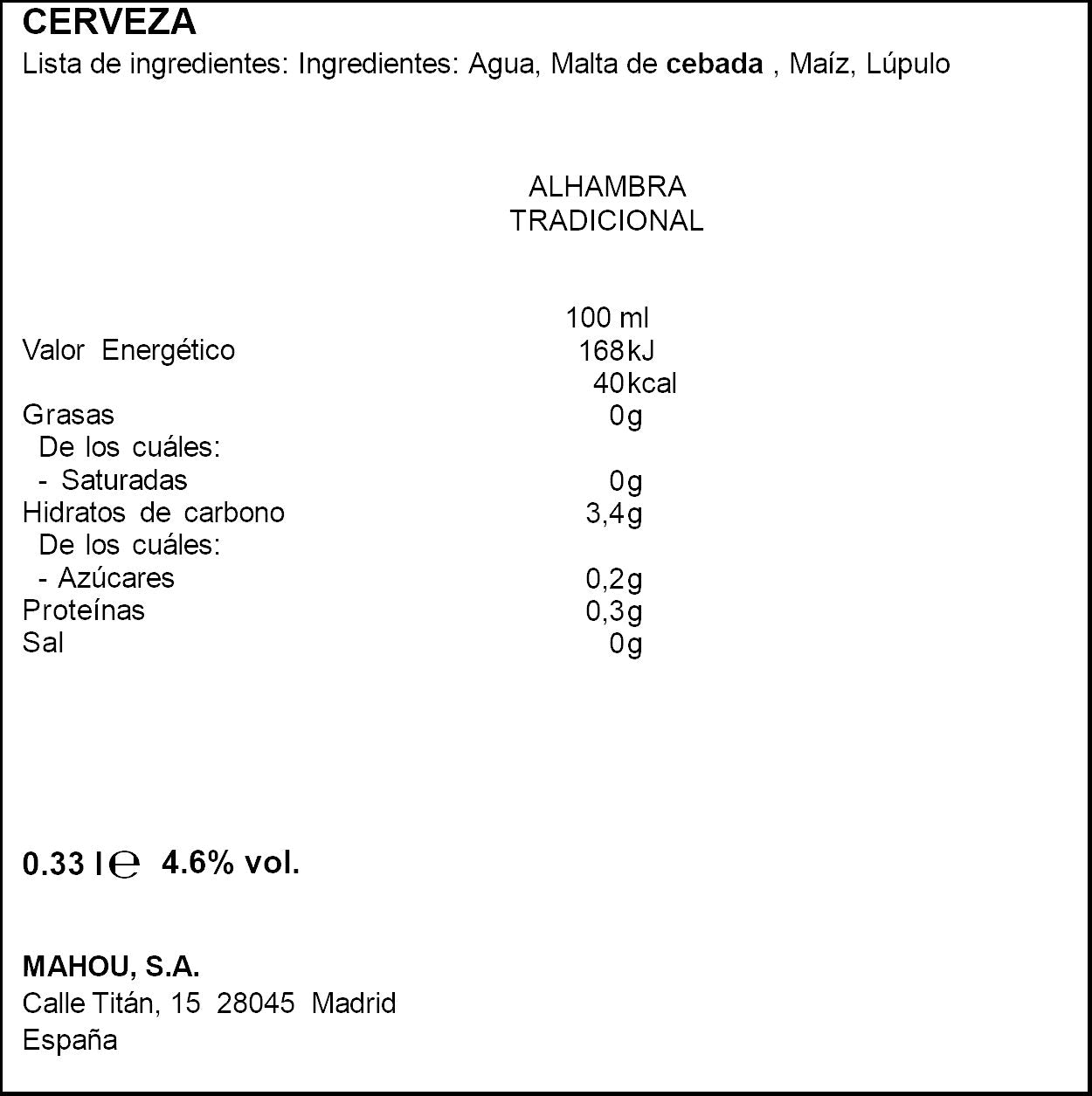 Cerveza tradicional lata Alhambra 330ml
