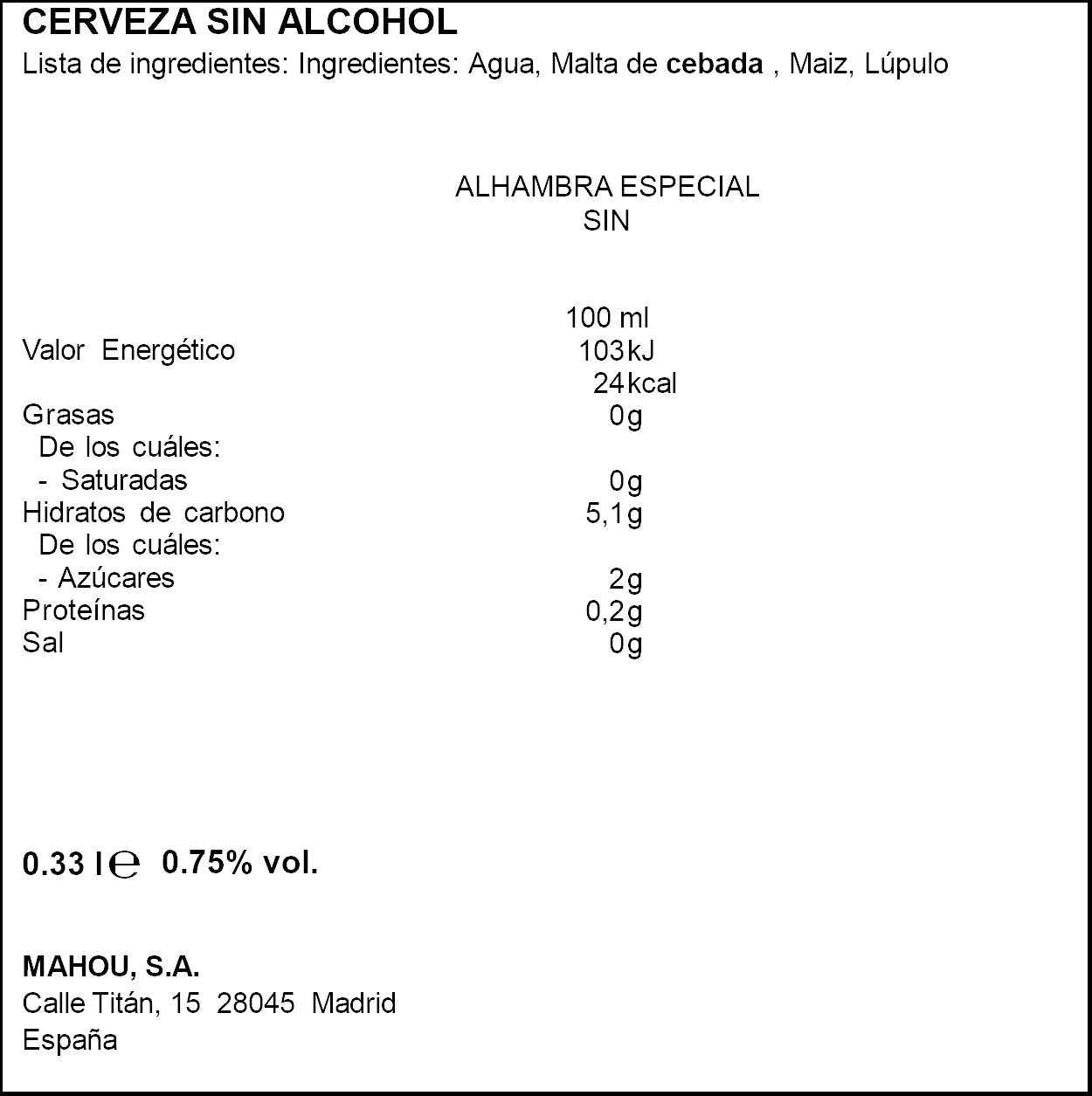 Cerveza s/alcohol lata Alhambra 330ml