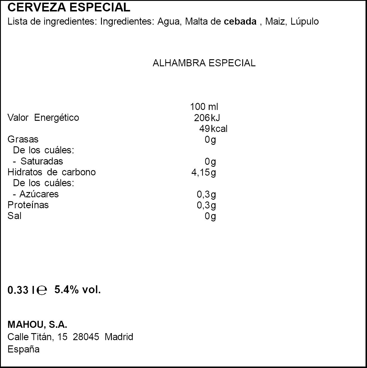 Cerveza especial lata Alhambra 330ml