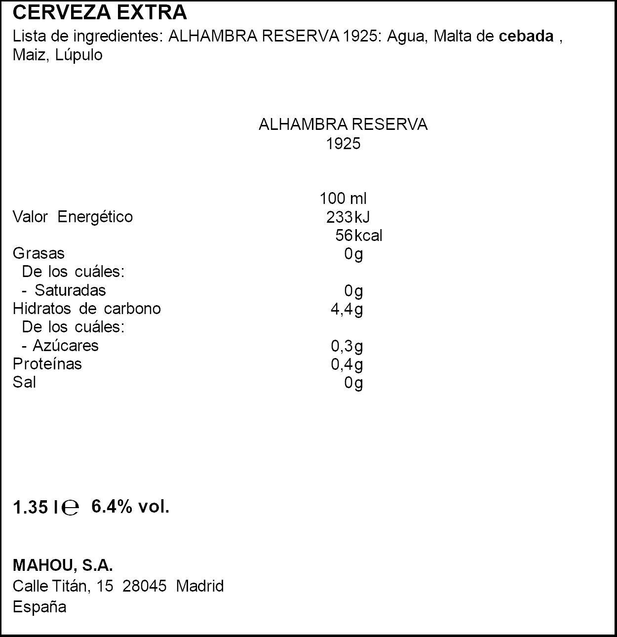 Cerveza reserva 1925 cristal Alhambra p6 225ml/u