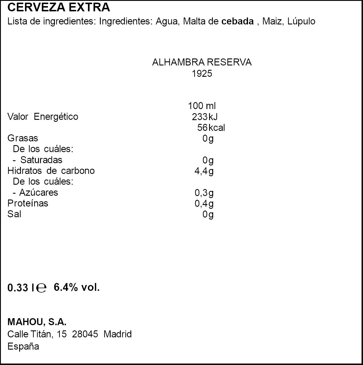 Cerveza reserva 1925 lata Alhambra 330ml