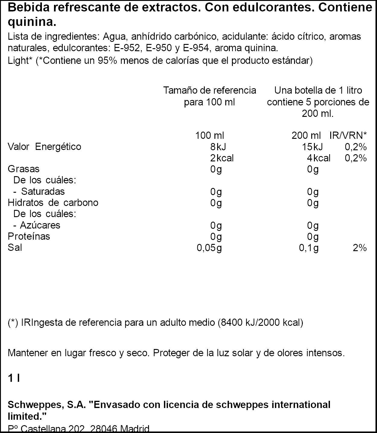 Tonica zero Schweppes 1l