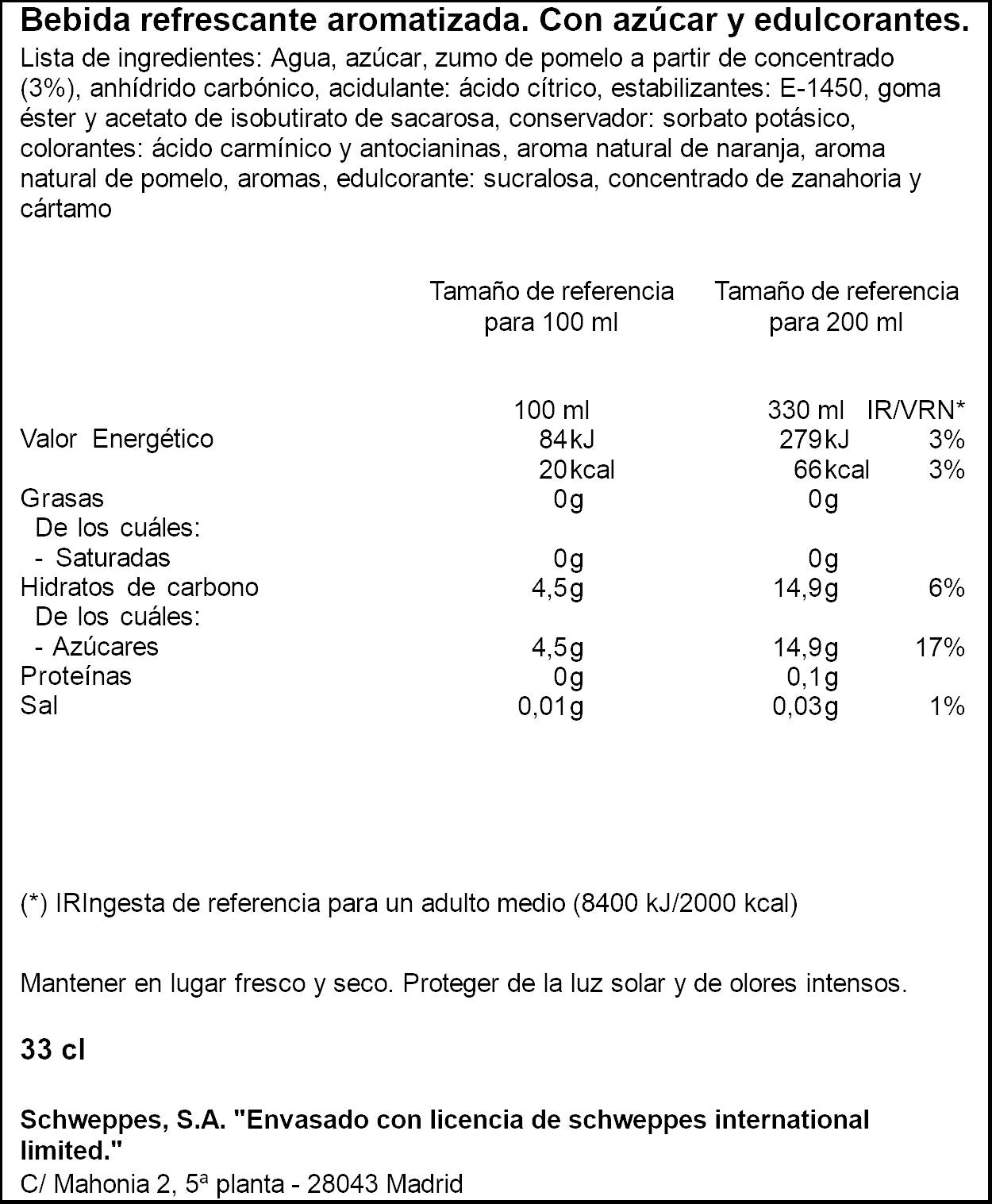 Refresco citrus pomelo lata Schweppes 330ml