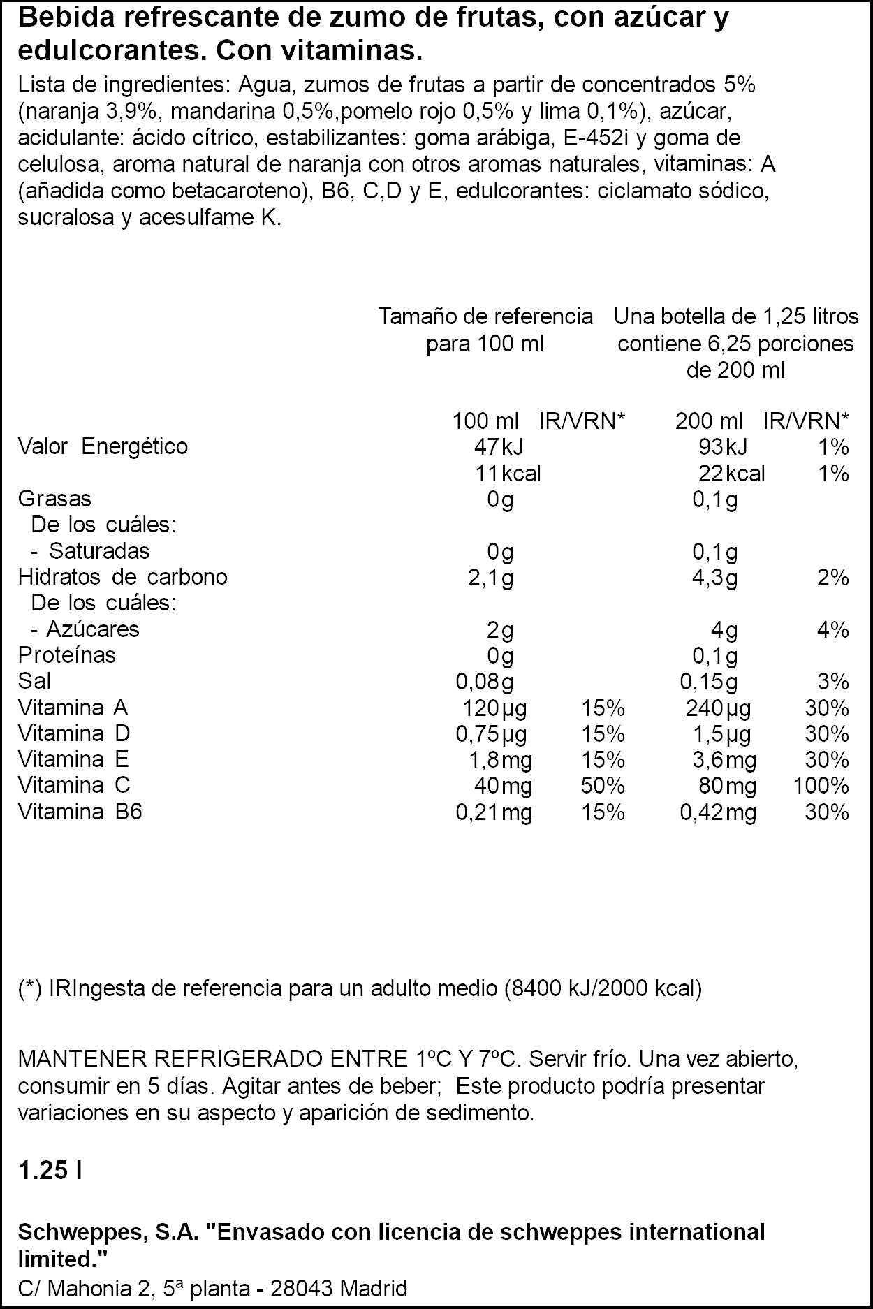 Bebida vitaminada refrigerado california Sunny delight 1.25l