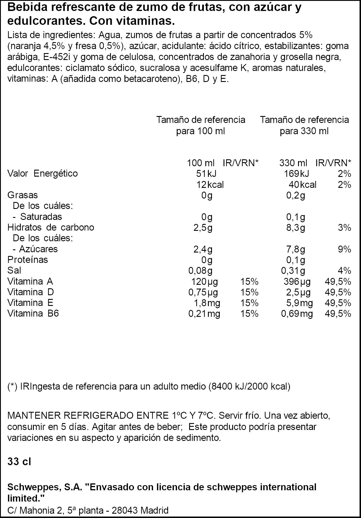 Zumo vitaminado refrigerado fresa Sunny delight 330ml