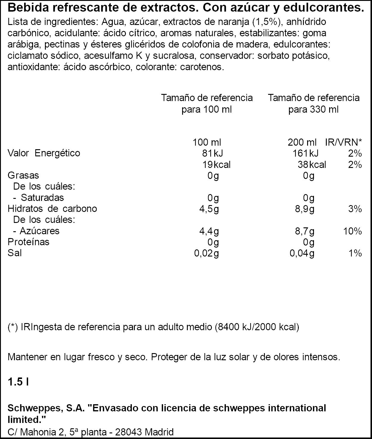 Refresco naranja Schweppes 1,5l