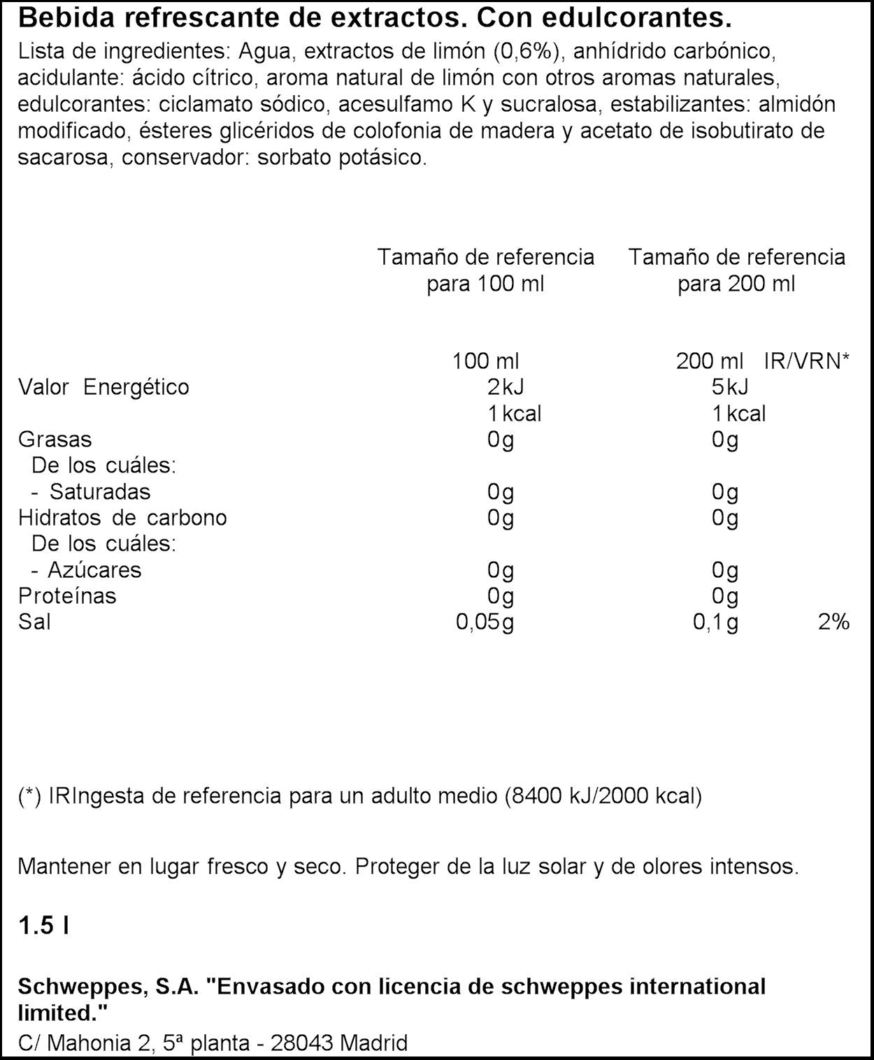 Refresco limón zero Schweppes 1.5l