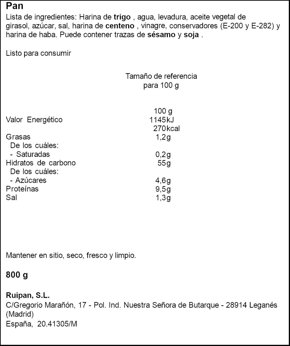 PAN DE MOLDE BLANCO SELECCION PANADERIA 800G
