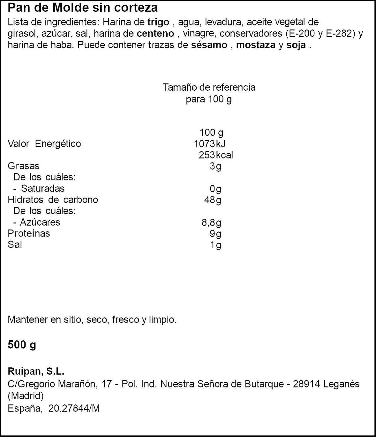 PAN DE MOLDE S/CORTEZA RUIPAN 500G