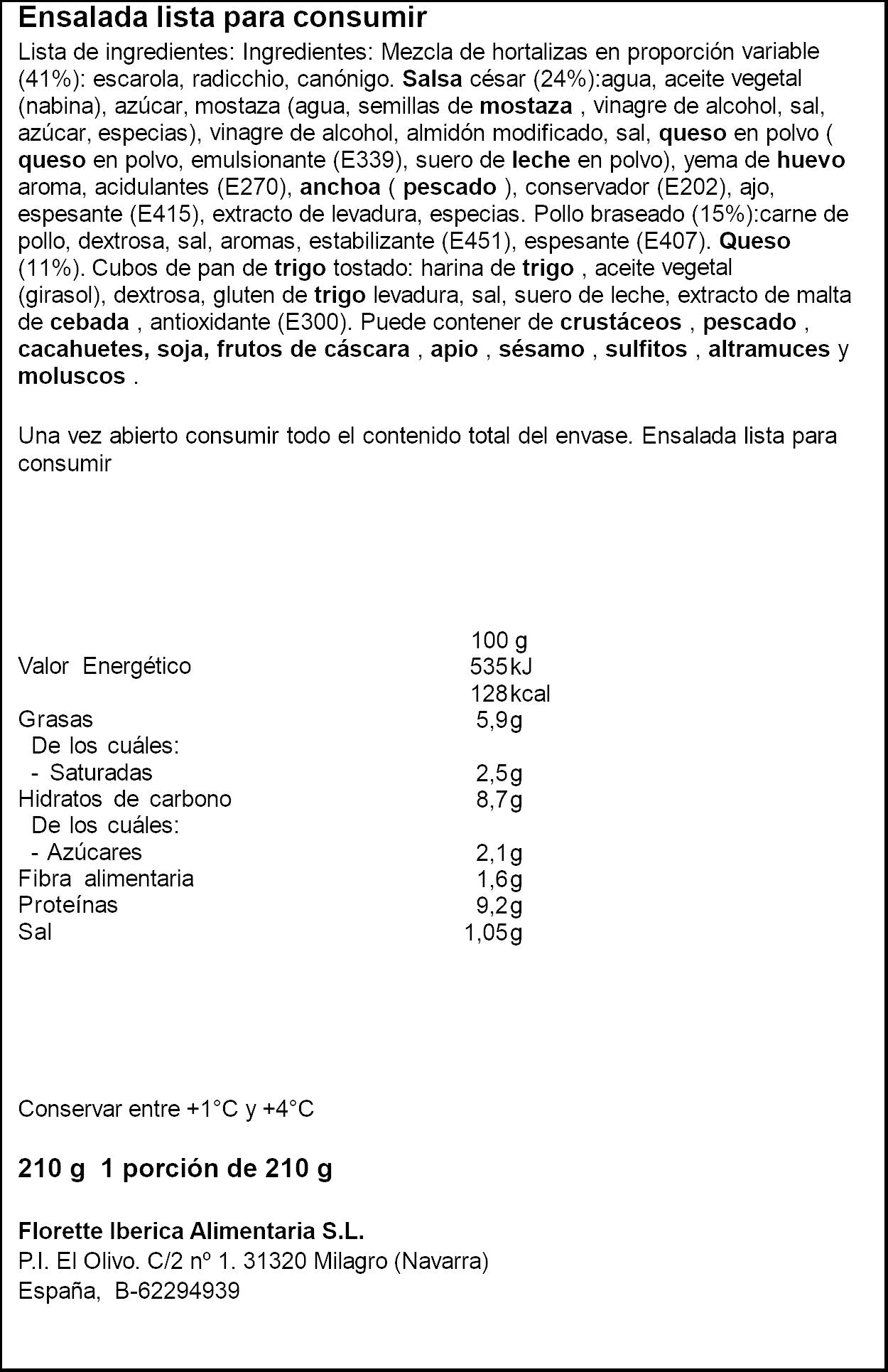 Ensalada césar pollo & queso Florette 205g