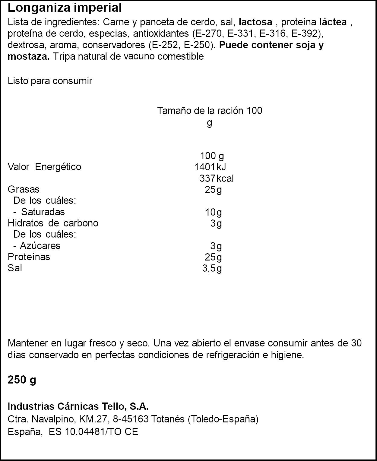 Longaniza imperial Tello 250g