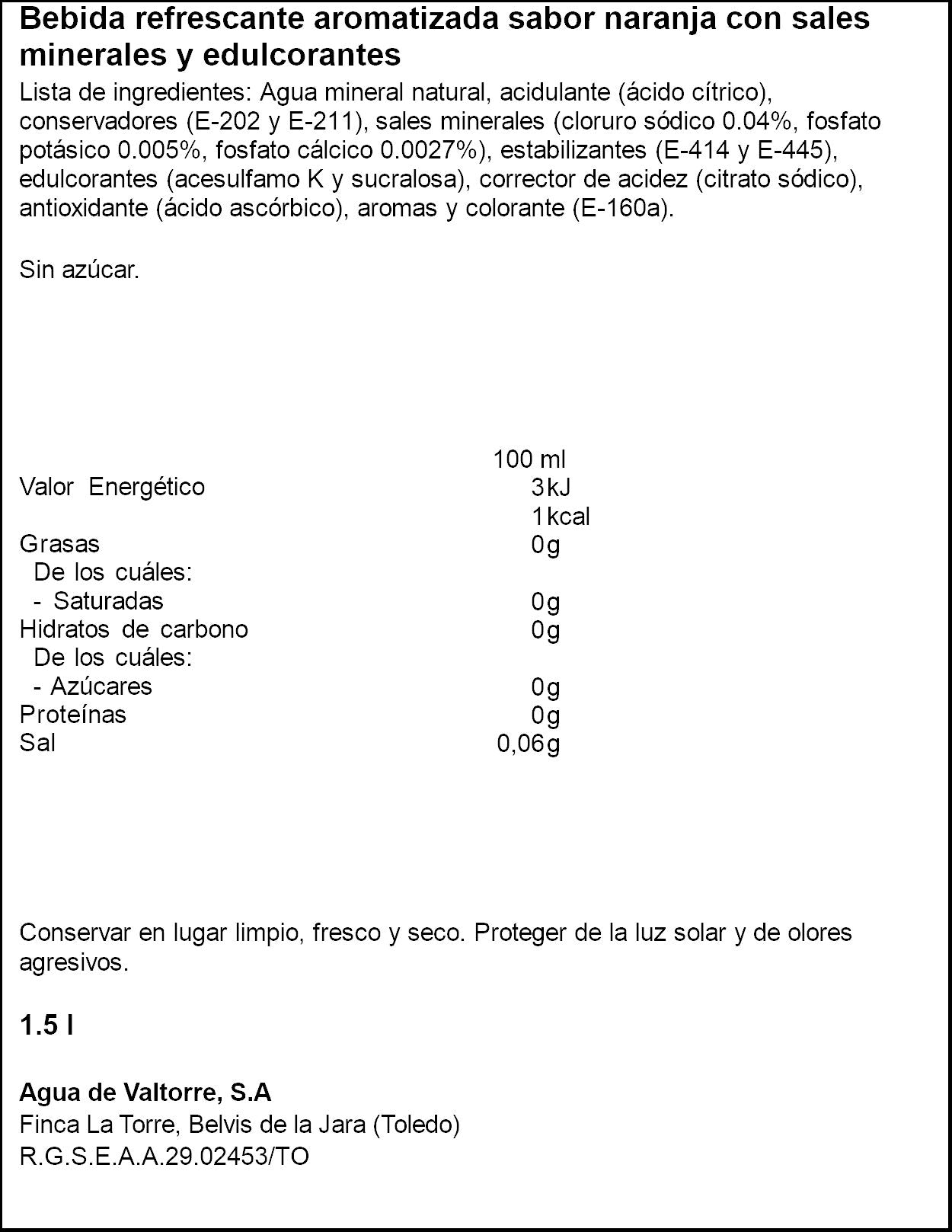 Bebida refrescante c/sales miner naranj Valtorre 1.5l