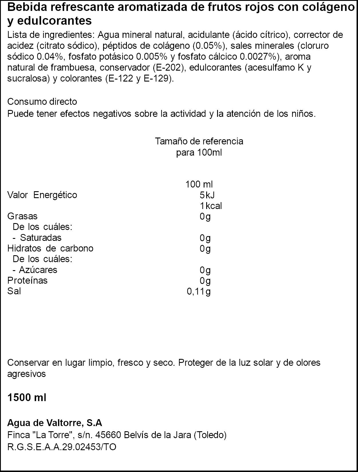 Agua aromatizada frutos rojos c/colageno Valtorre 1,5l