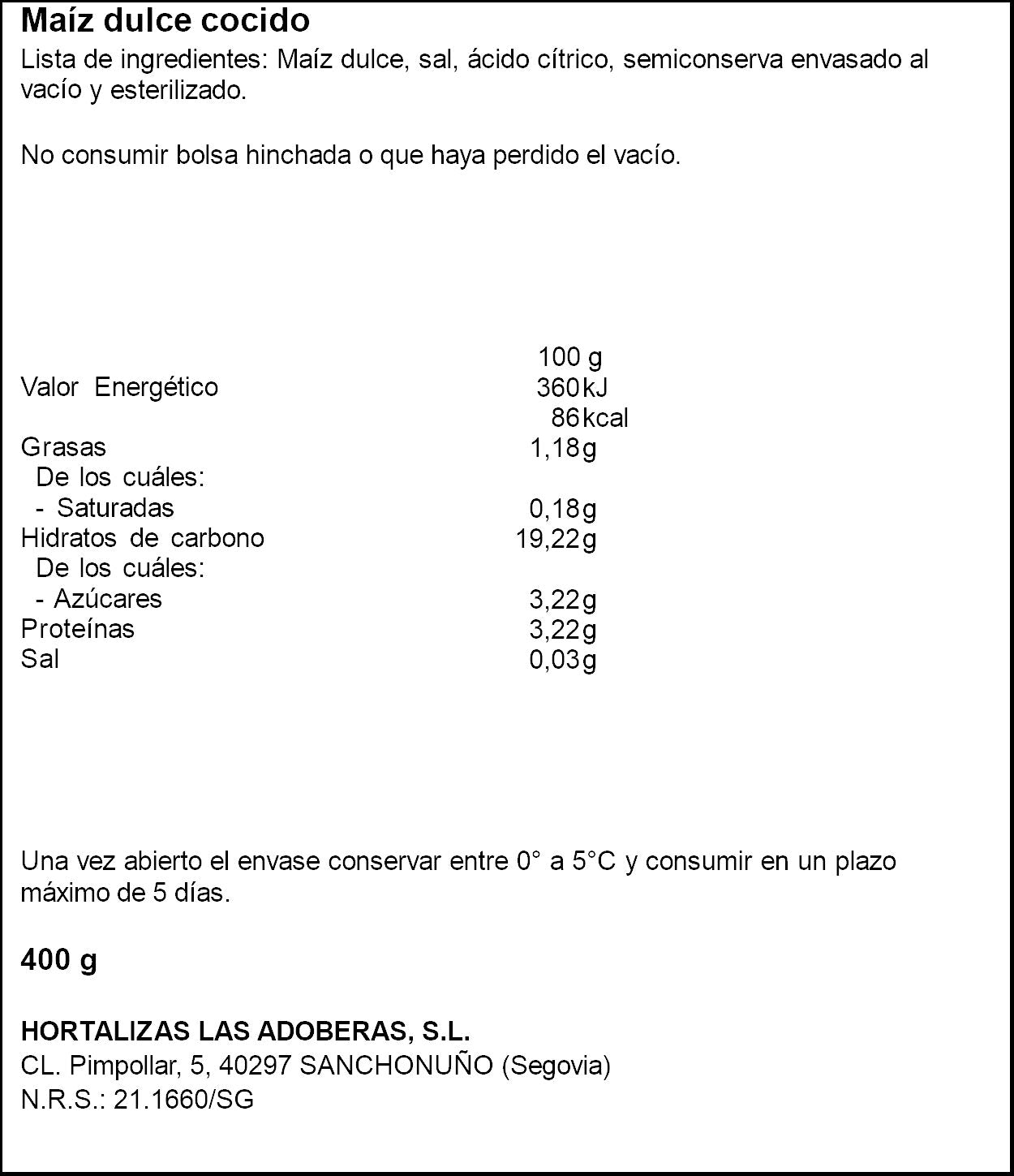 Maíz cocido paquete 400g